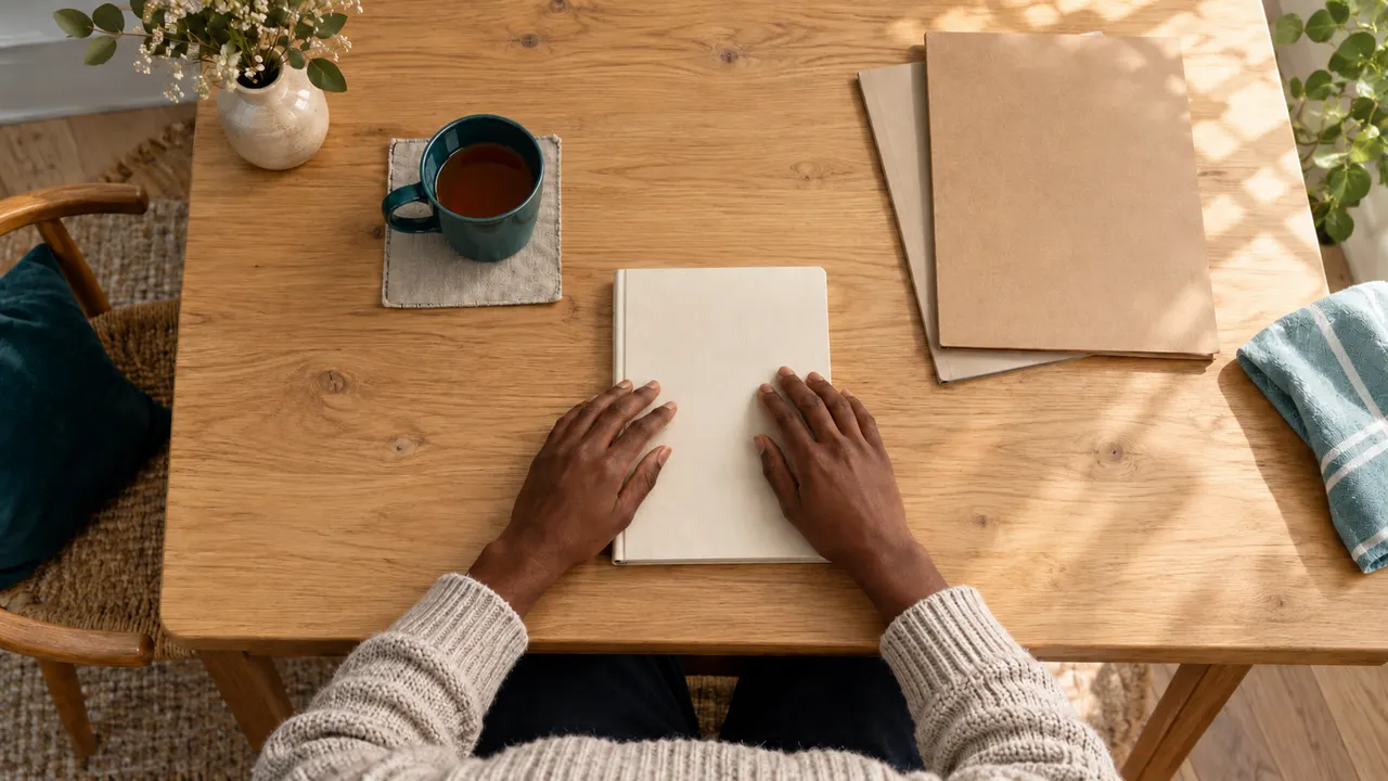 Illustration: hands rest on a closed blank notebook beside a teal cup and plain folders on a wooden table.