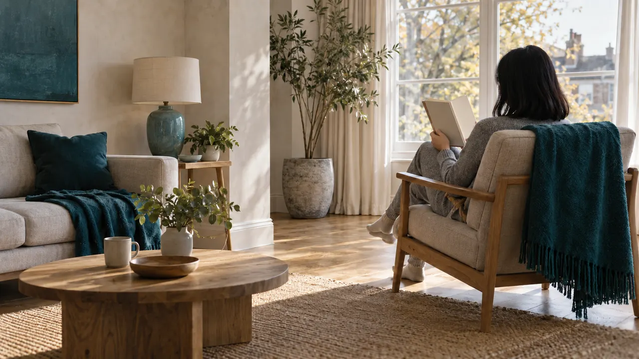 Illustration: an adult seen from behind holds an open unmarked book in an armchair beside a bright window.