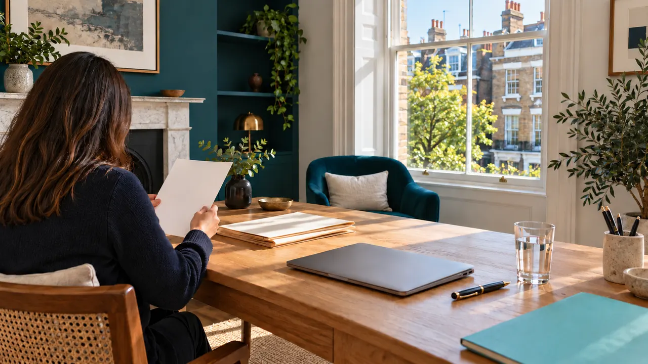 Illustration: an adult seen from behind at an oak desk with plain folders, a closed laptop and a glass of water.