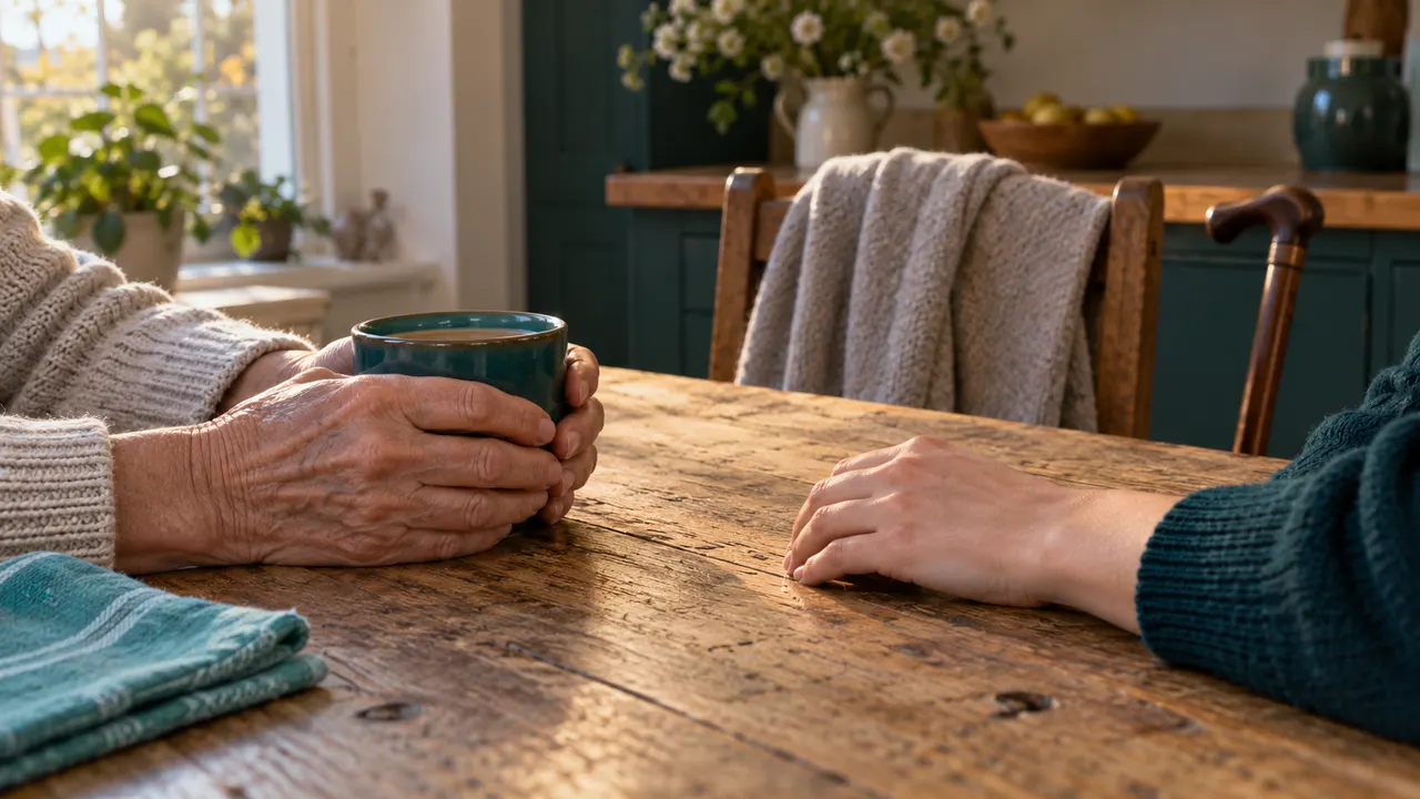 Illustration: older hands cradle a teal mug while a younger hand rests nearby on a sunlit wooden table.