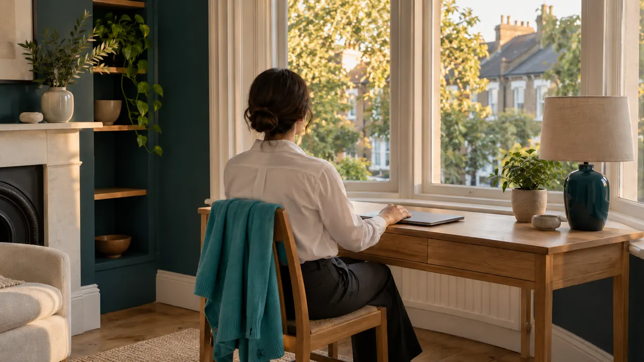 Illustration: an adult at a bay window desk rests a hand on a closed laptop in soft evening light.