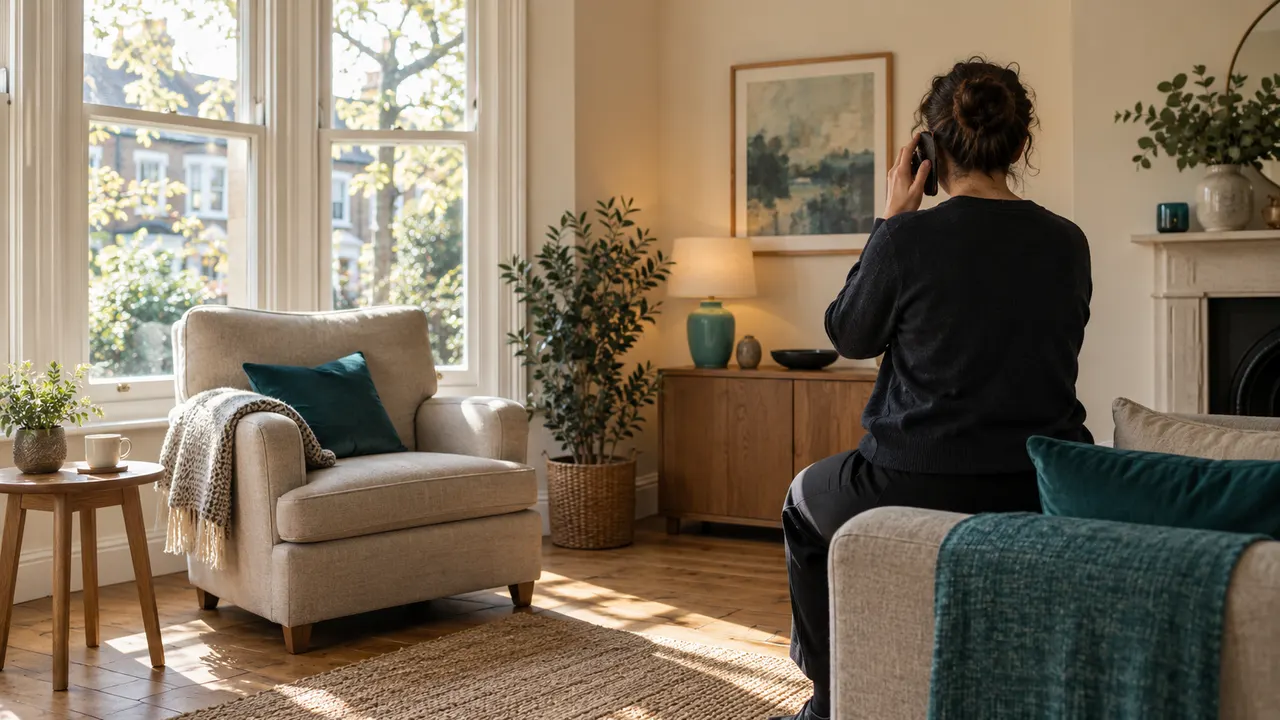 Illustration: an adult holds a phone beside an empty armchair in a softly lit living room.