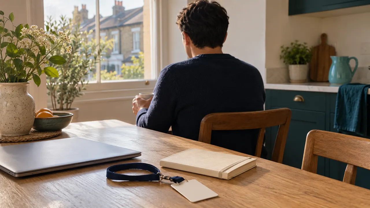 Illustration: an adult seen from behind holds tea beside a closed laptop, notebook and blank lanyard card.
