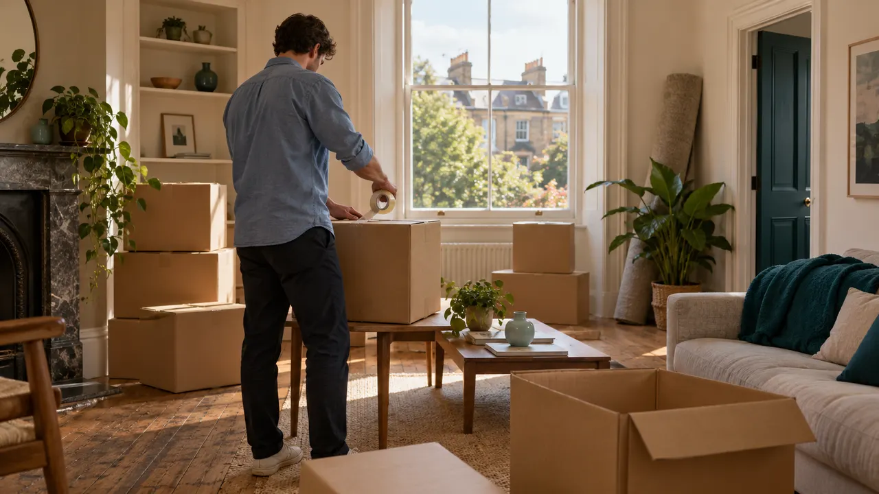 Illustration: an adult packs plain boxes in a bright room with a sash window.
