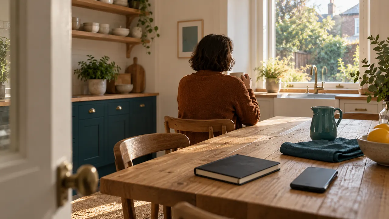 Illustration: an adult holds a mug at a kitchen table beside a closed diary, a dark phone and a jug.