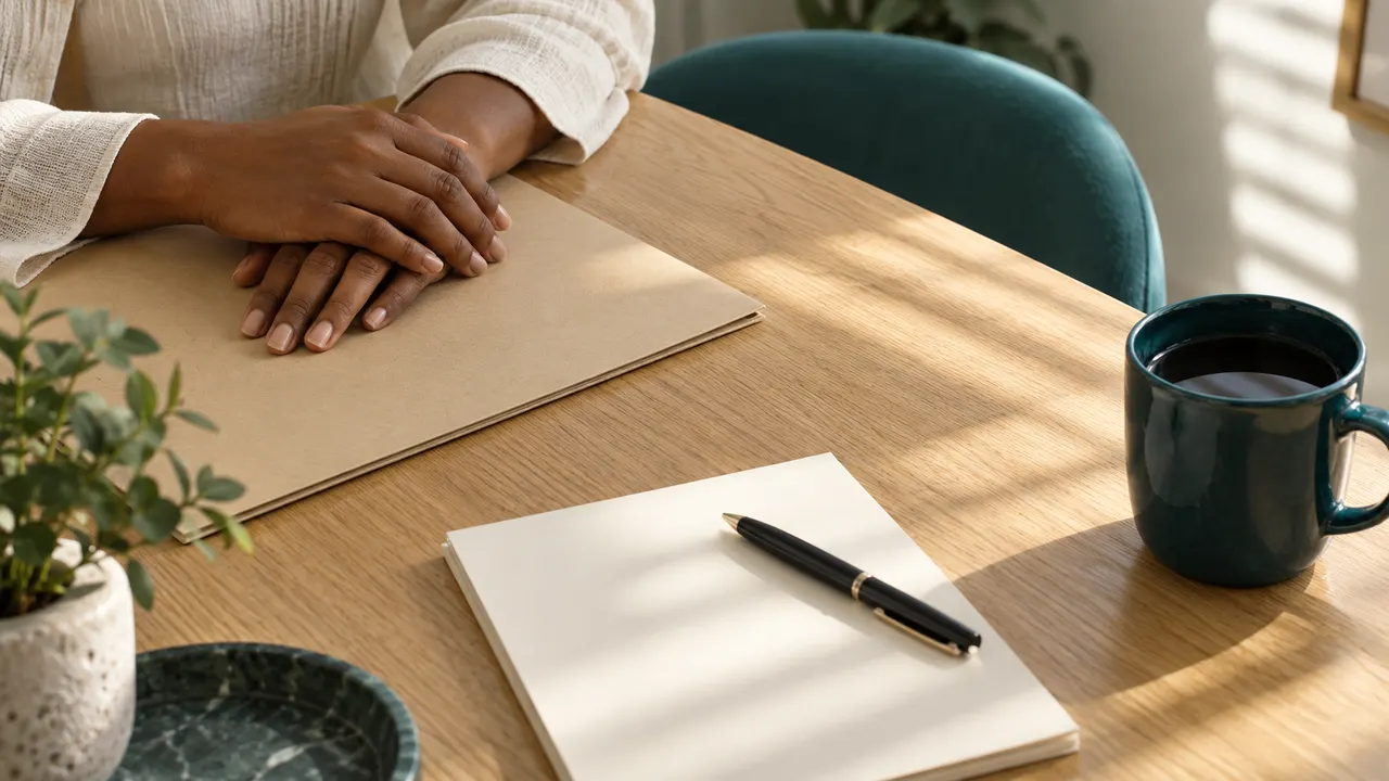 Illustration: hands rest on a plain folder beside a blank pad, pen and teal cup on a sunlit desk.