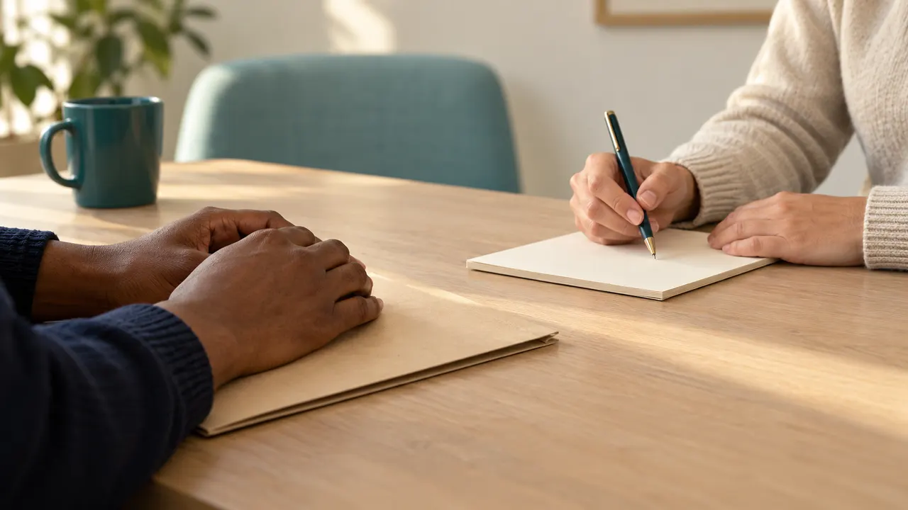 Illustration: hands rest on a closed folder across from a hand holding a pen over a blank notepad.