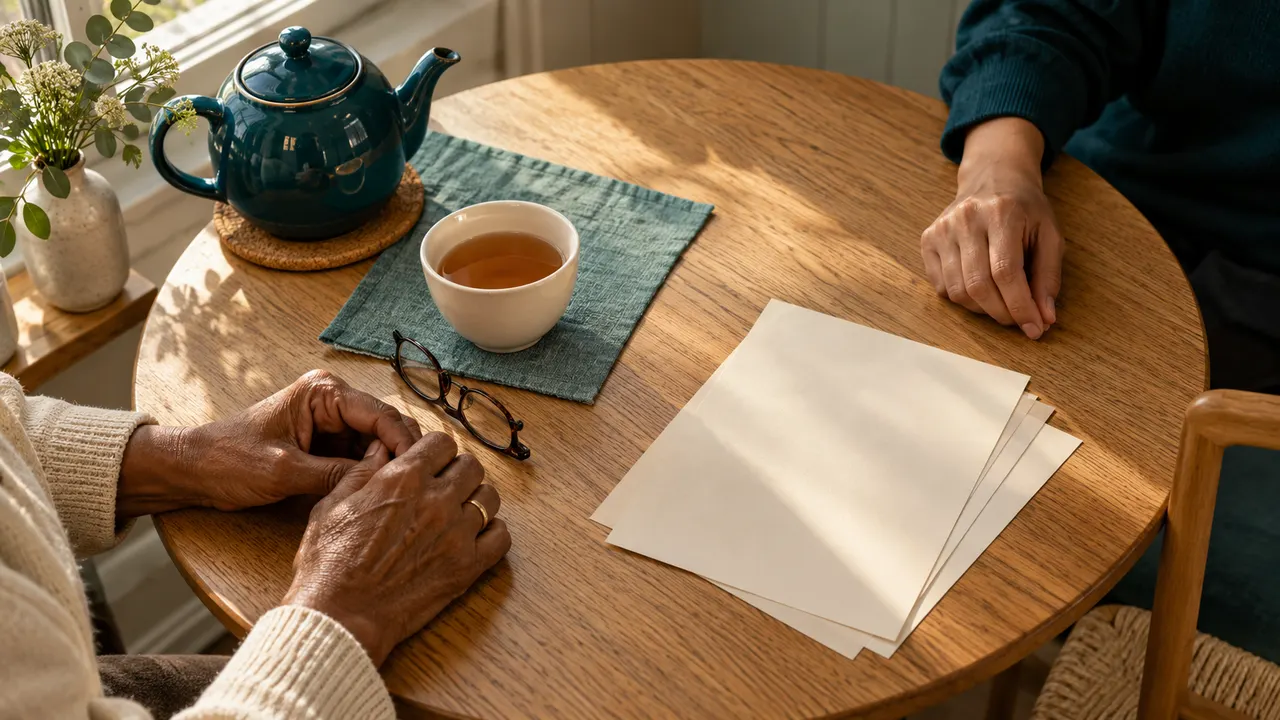 Illustration: older hands beside glasses, blank papers and a tea cup on a round table, with a younger hand nearby.
