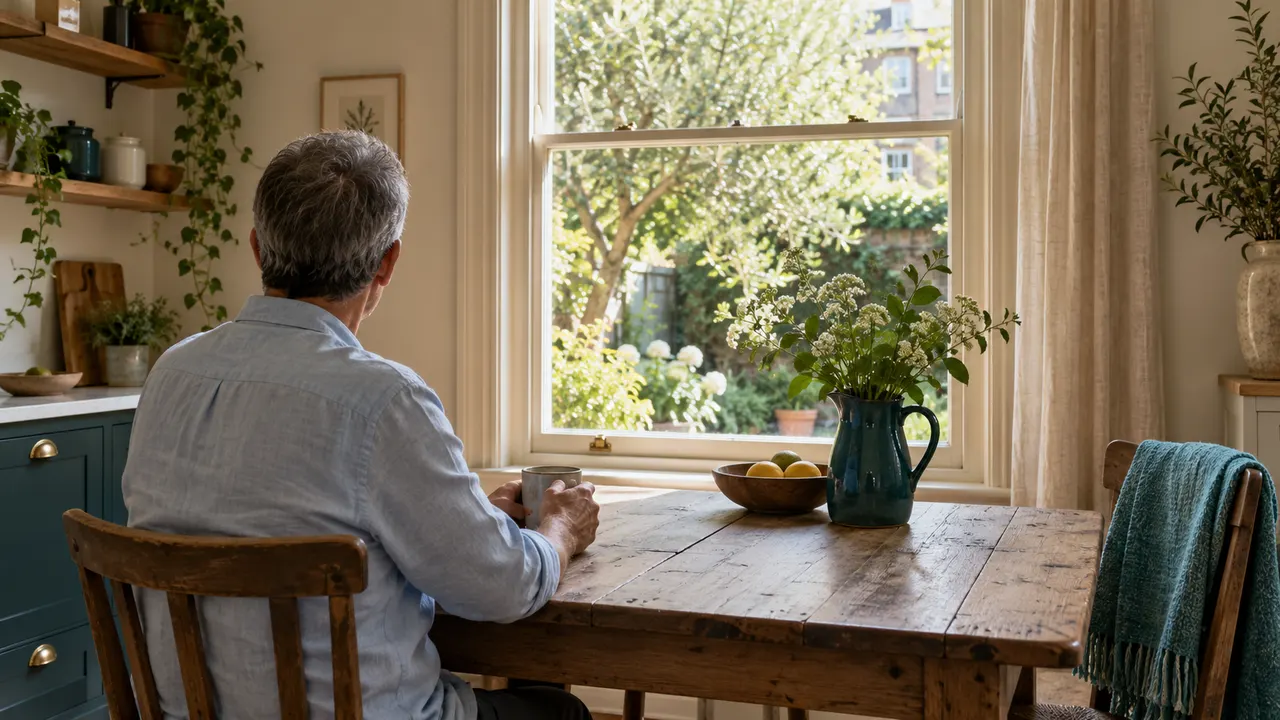 Illustration: an adult seen from behind holds a mug at a kitchen table facing a bright garden window.