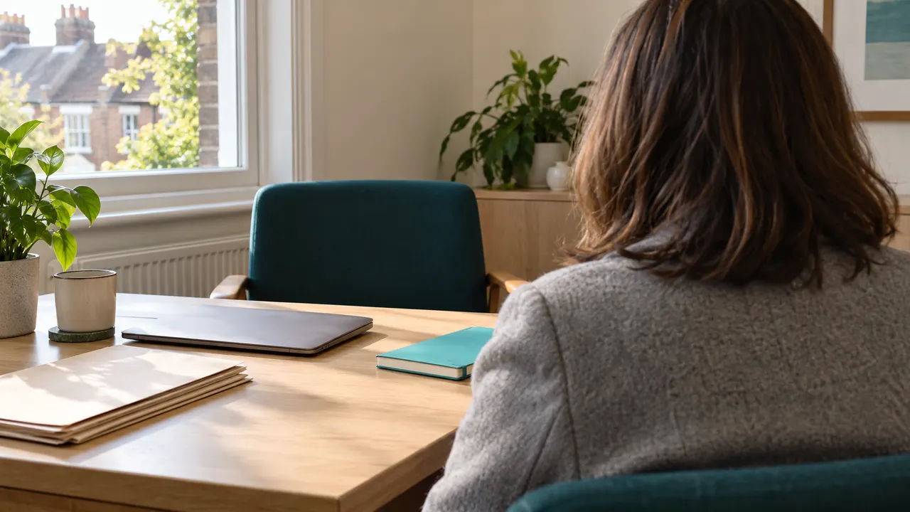 Illustration: an adult seen from behind at a desk with plain folders, a closed laptop and an aqua notebook.