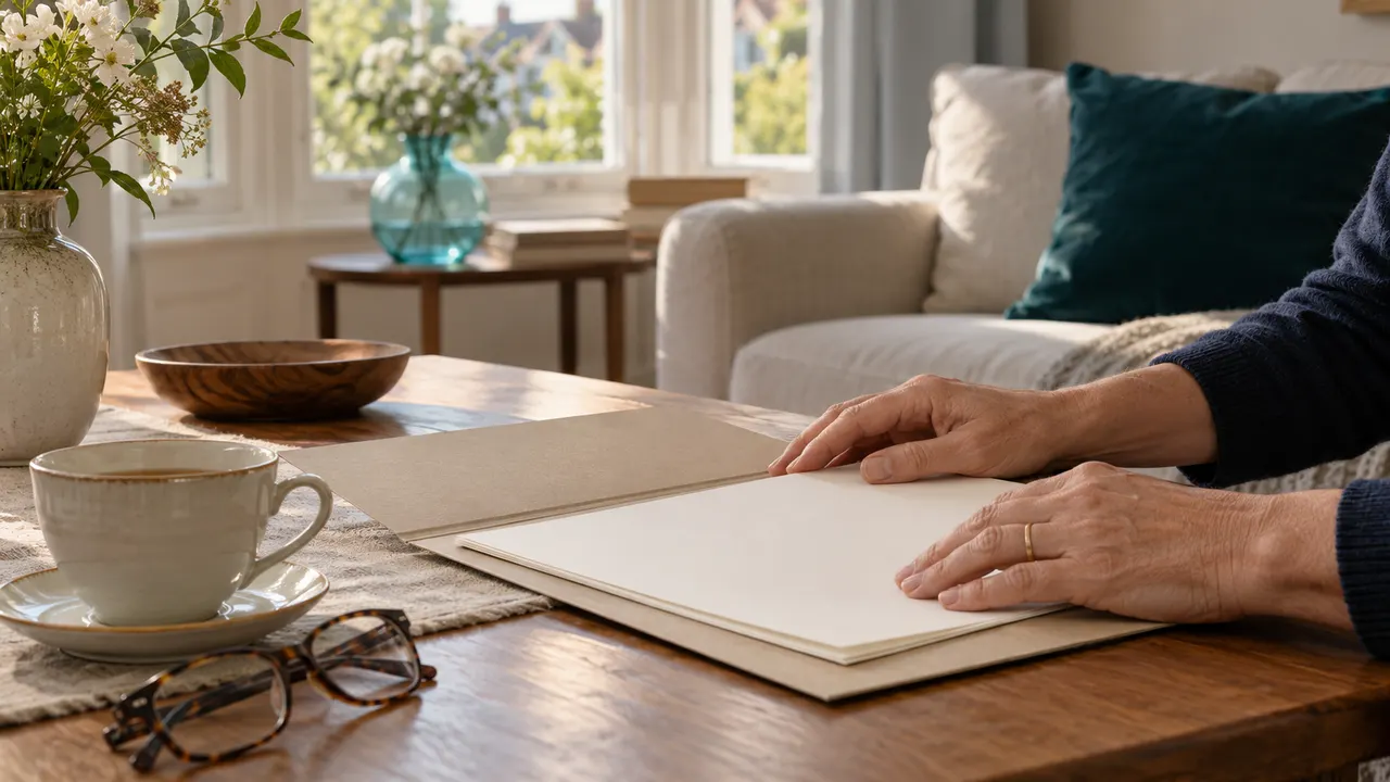 Illustration: hands rest on blank papers in a buff folder beside reading glasses and tea in a living room.