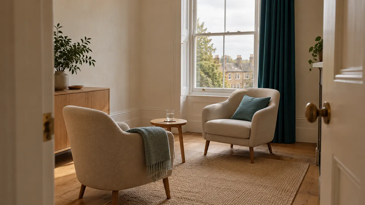 Illustration: two empty upholstered chairs, a blanket and a glass of water beside a teal curtain in a daylit room.