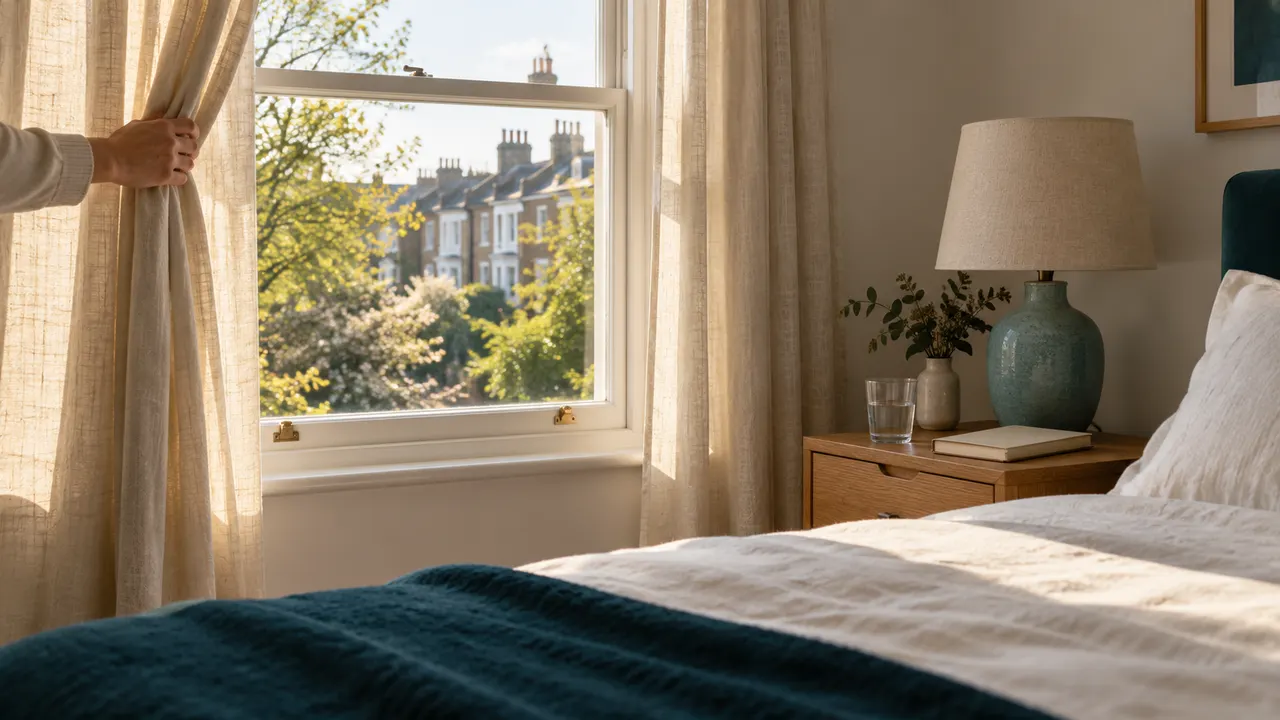 Illustration: a hand draws back a linen curtain beside a made bed, a water glass and an aqua bedside lamp.