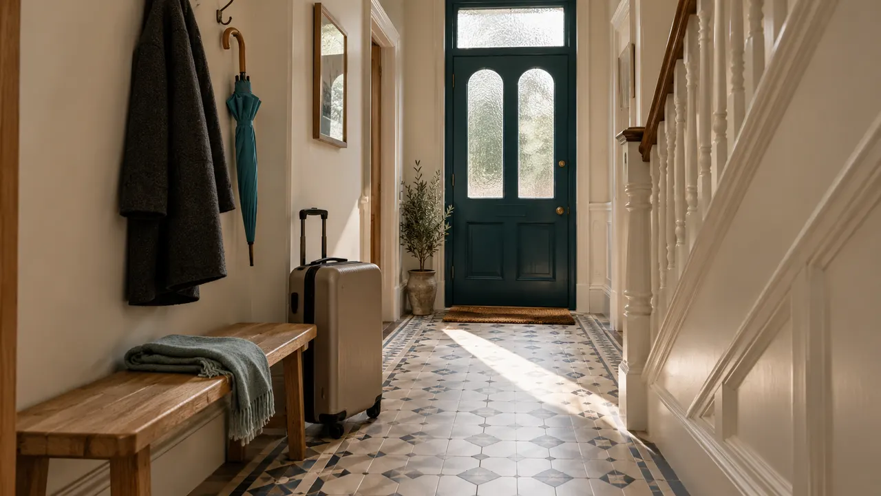 Illustration: a plain suitcase, coat and umbrella in a tiled hallway facing a teal front door.