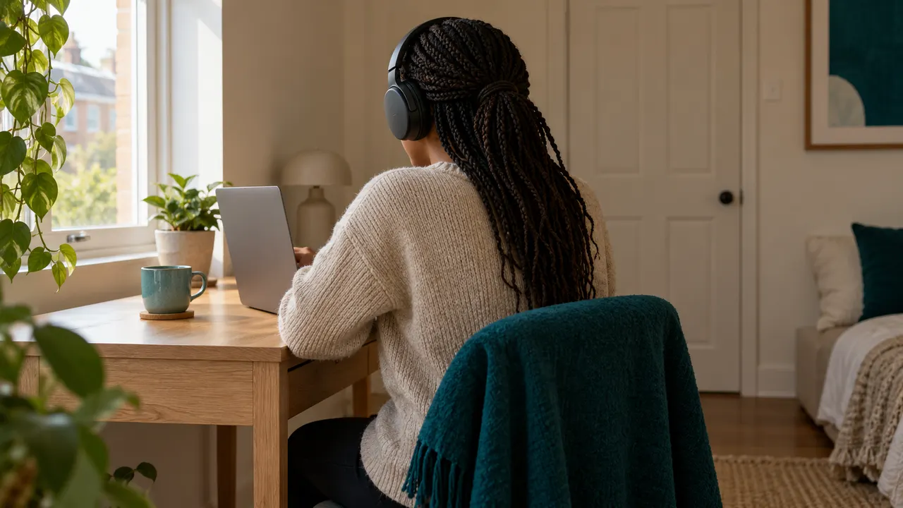 Illustration: an adult wearing headphones sits at a laptop in a daylit room with a closed door, seen from behind.