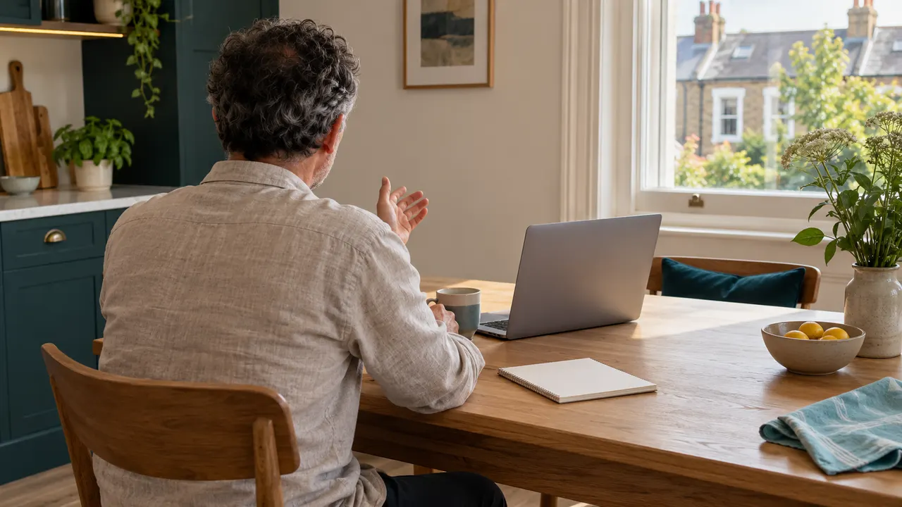 Illustration: an adult gestures beside a laptop and a mug at a sunlit kitchen table.