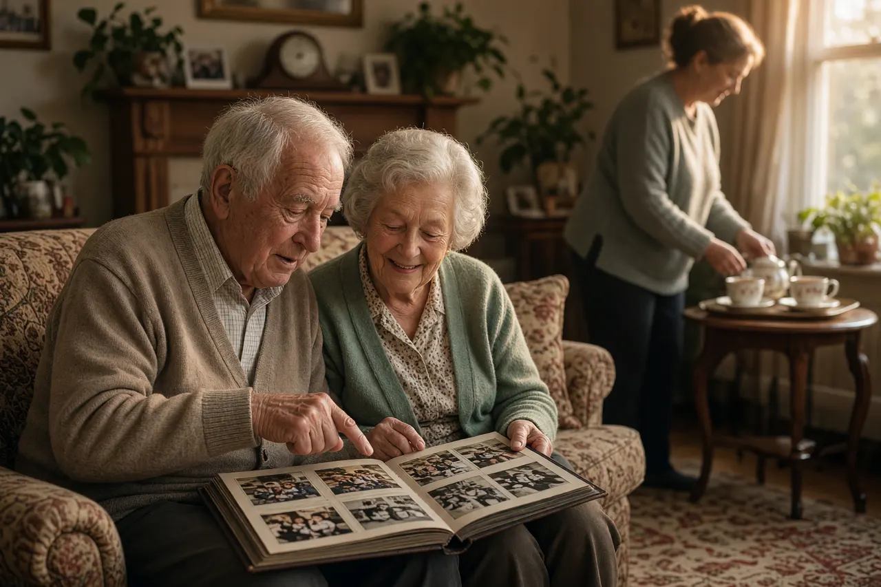 Illustration: an older couple look through a photograph album on their sofa while a live in carer brings tea.