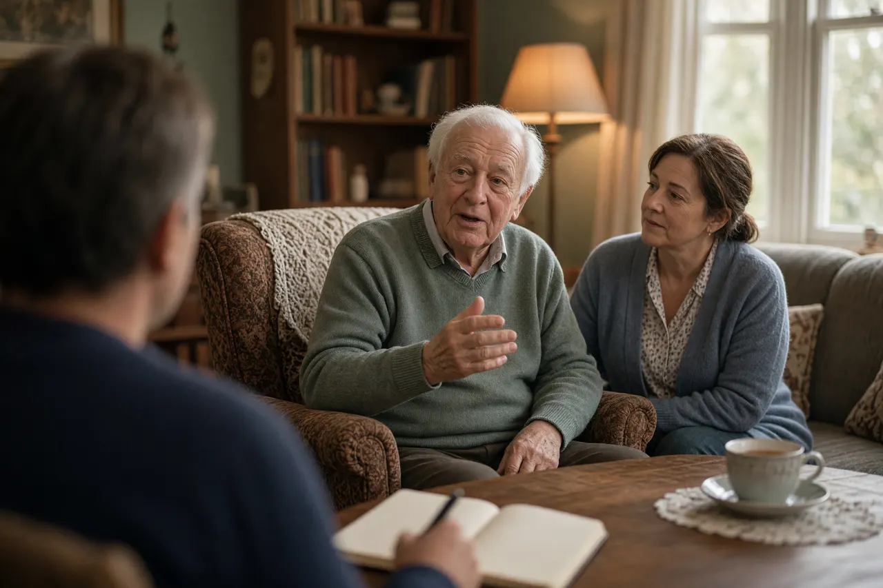Illustration: an older man in his armchair talks with his daughter while a clinician, seen from behind, listens and takes notes.
