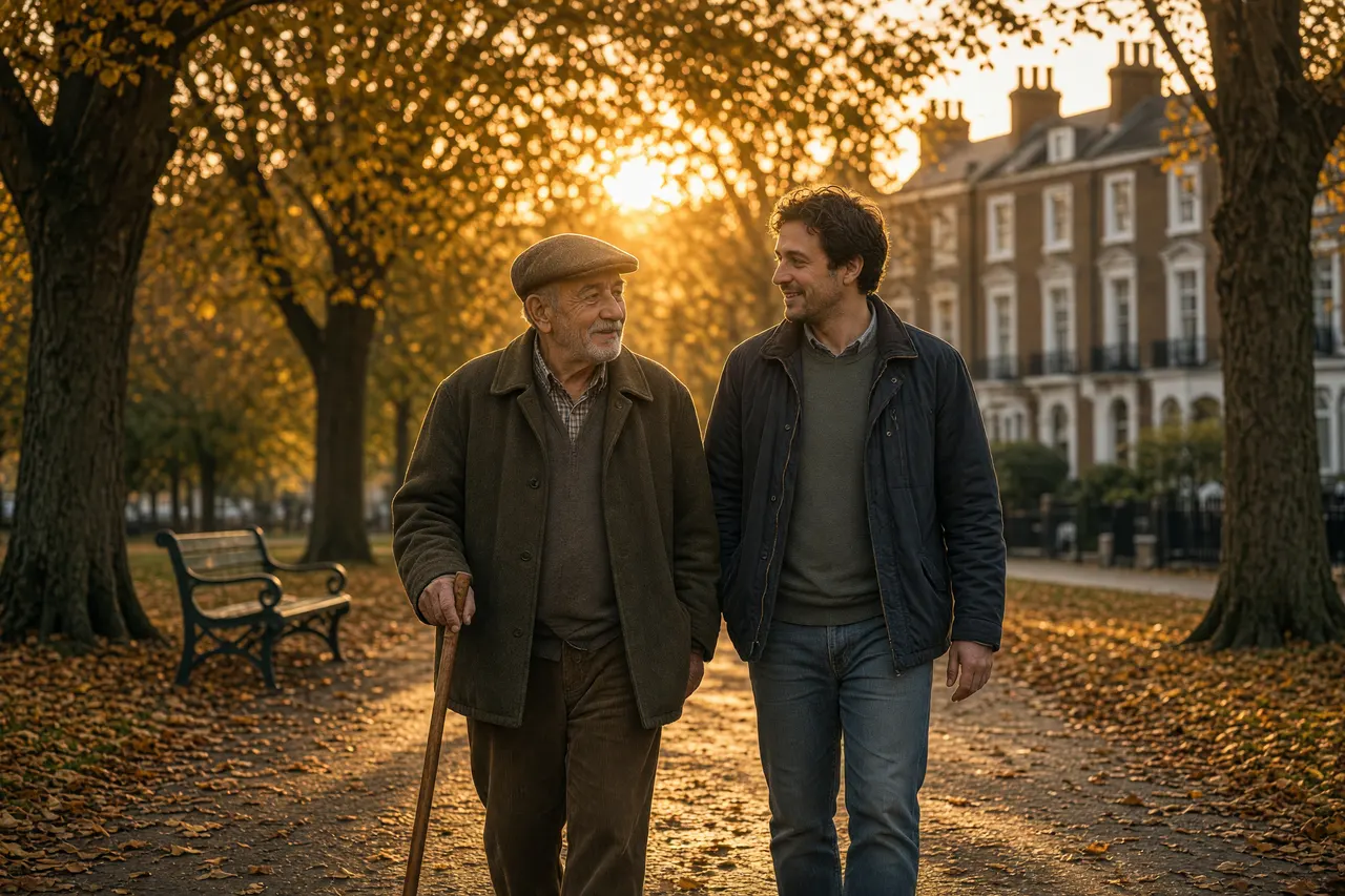 Illustration: an older man with a walking stick and his live in carer walk together through a park in evening light.