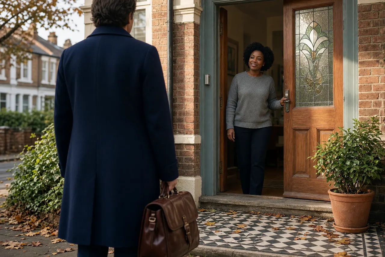 Illustration: a live in carer opens the front door of a London terrace to a doctor carrying a leather bag.