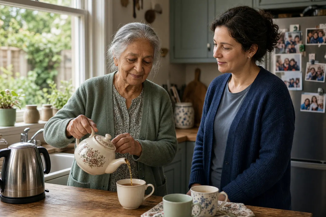 Illustration: an older woman pours tea in her own kitchen while a live in carer stands beside her, chatting.