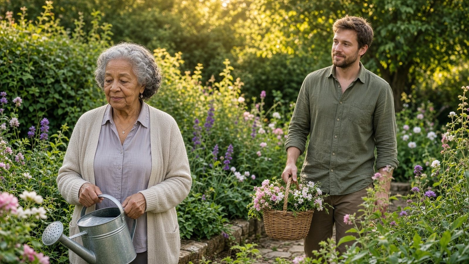 Illustration: an older woman in her garden with a carer nearby