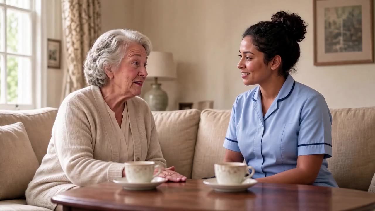 Illustration: an older woman and her live in carer sharing tea in a sunlit living room
