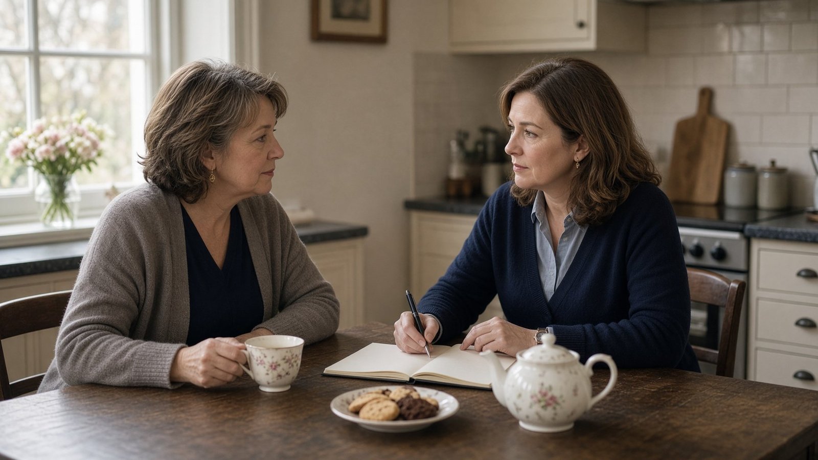 Illustration: a family talking through care arrangements at a kitchen table over tea