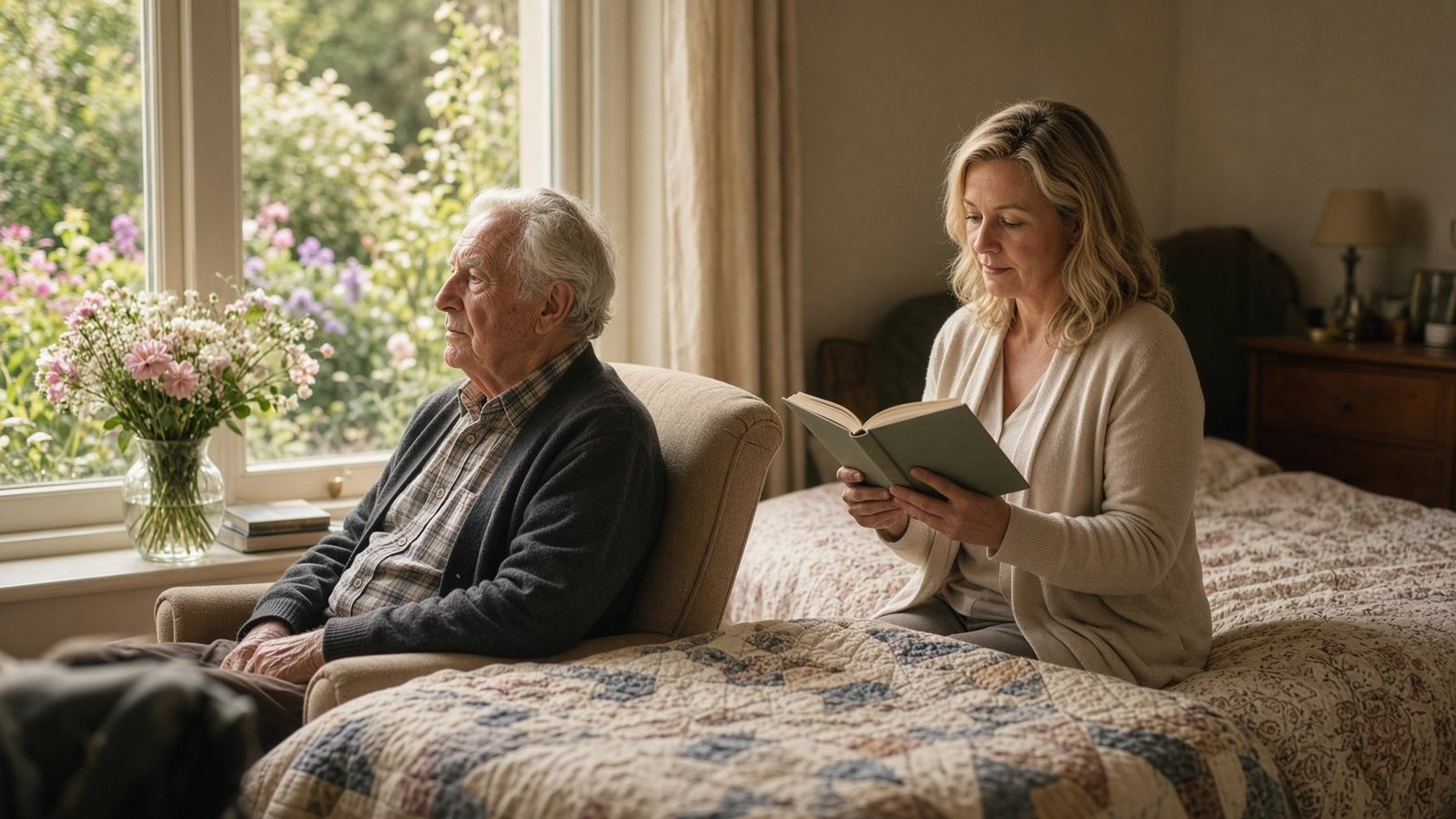 Illustration: an older man sitting quietly by a window while a carer reads nearby