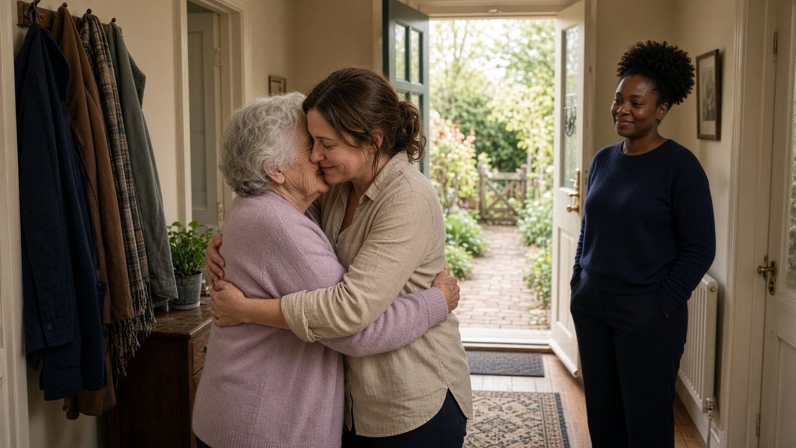 Illustration: an adult daughter embracing her mother in the hallway of the family home