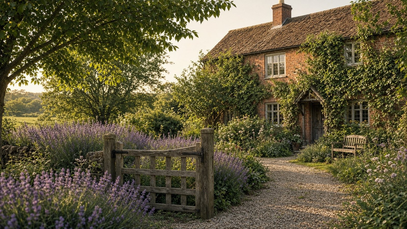 Illustration: an English cottage and garden in late afternoon light