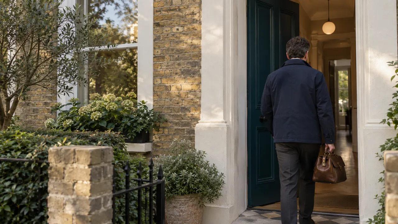 Illustration: a person carrying a brown leather bag stands at an open teal door in a brick London home.