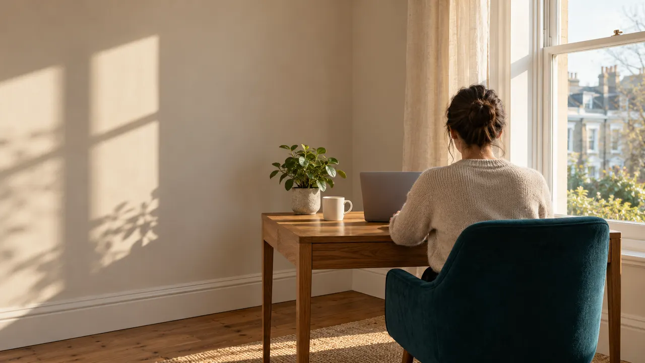 Illustration: an adult sits at a laptop by a sash window, with a teal chair and soft shadows on the wall.