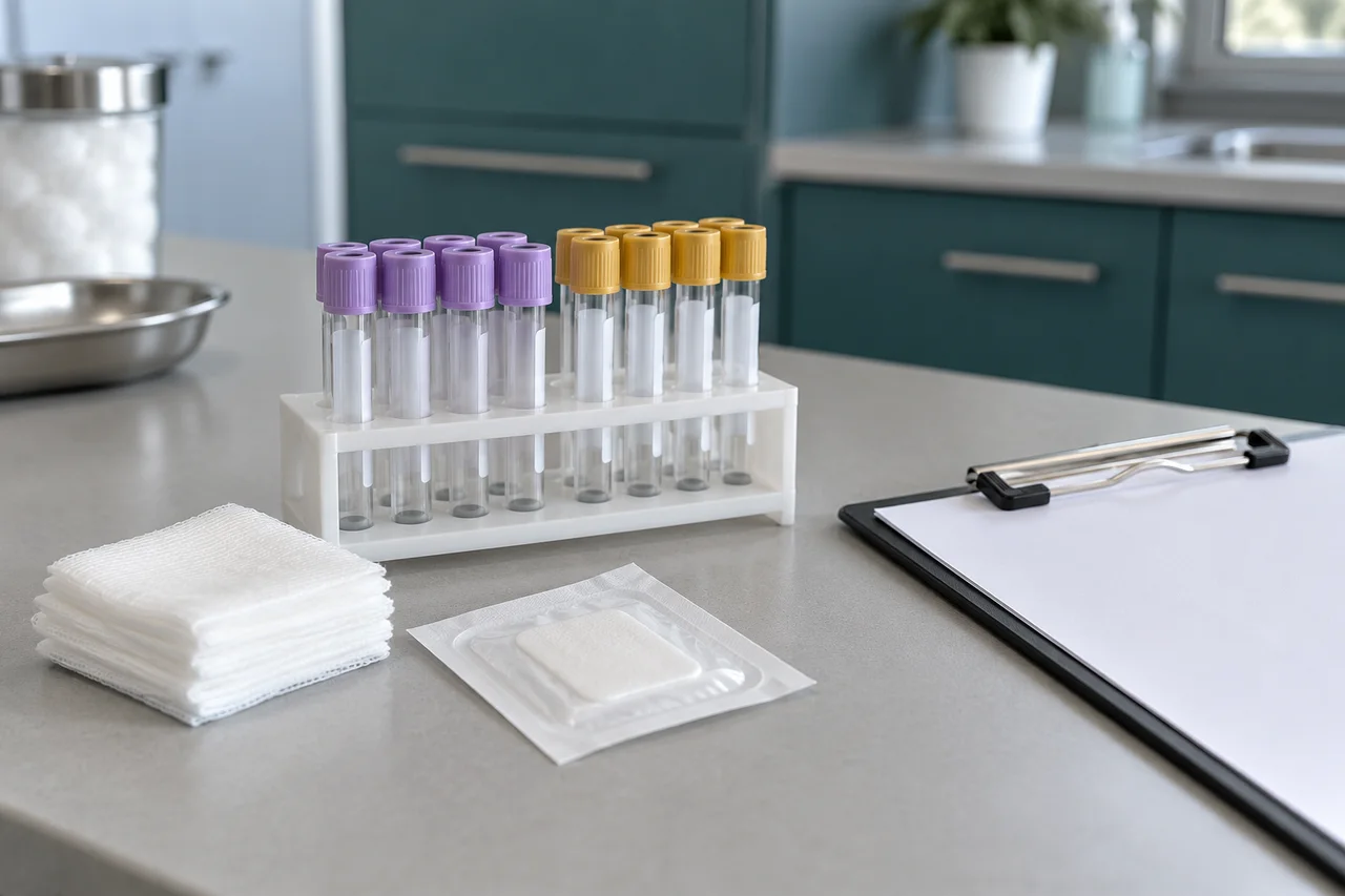 Illustration of sealed blood collection tubes on a clinical worktop