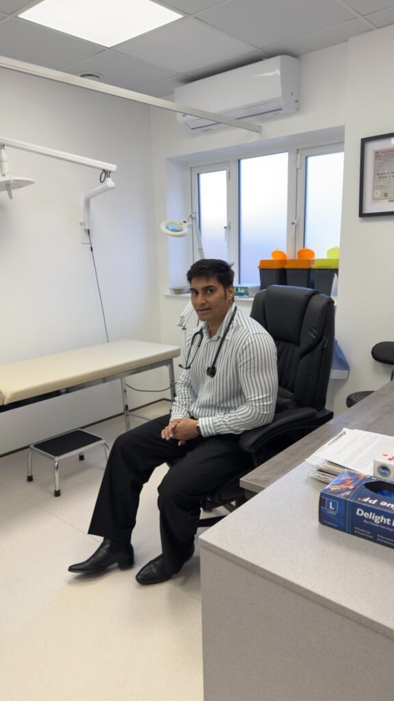 Dr Mitesh Parmar in his consultation room at Clinique Alpa near Enfield