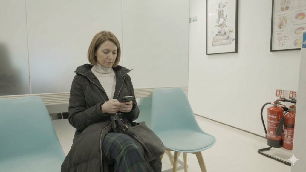 Patient in the waiting area at Clinique Alpa before a travel health consultation