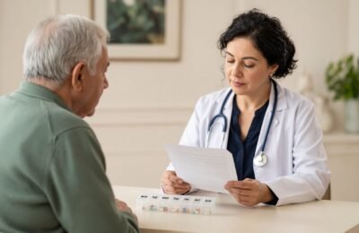 Older man with a weekly pill organiser sitting with a GP.