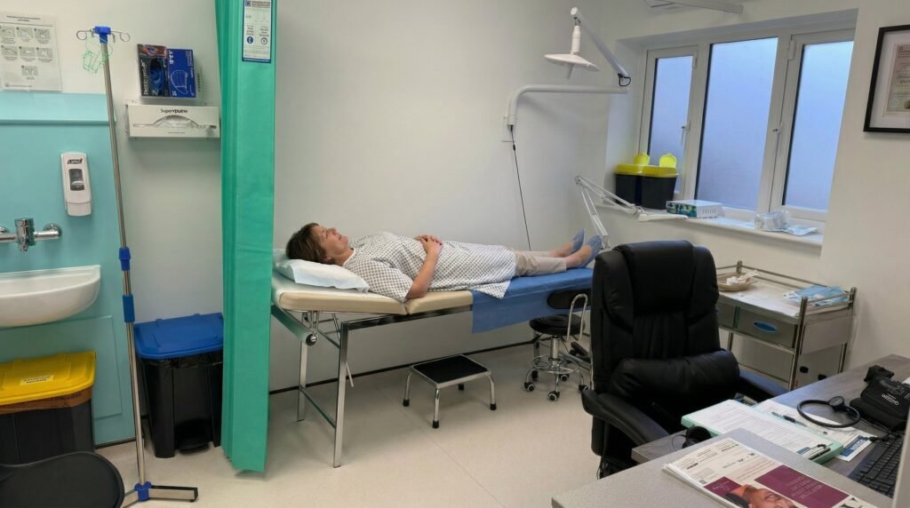 Patient being examined for leg swelling at Clinique Alpa private GP clinic in London