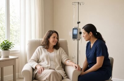Woman seated for an iron infusion in a private clinic armchair.
