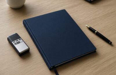 Medico-legal folder, dictaphone and pen on a desk.