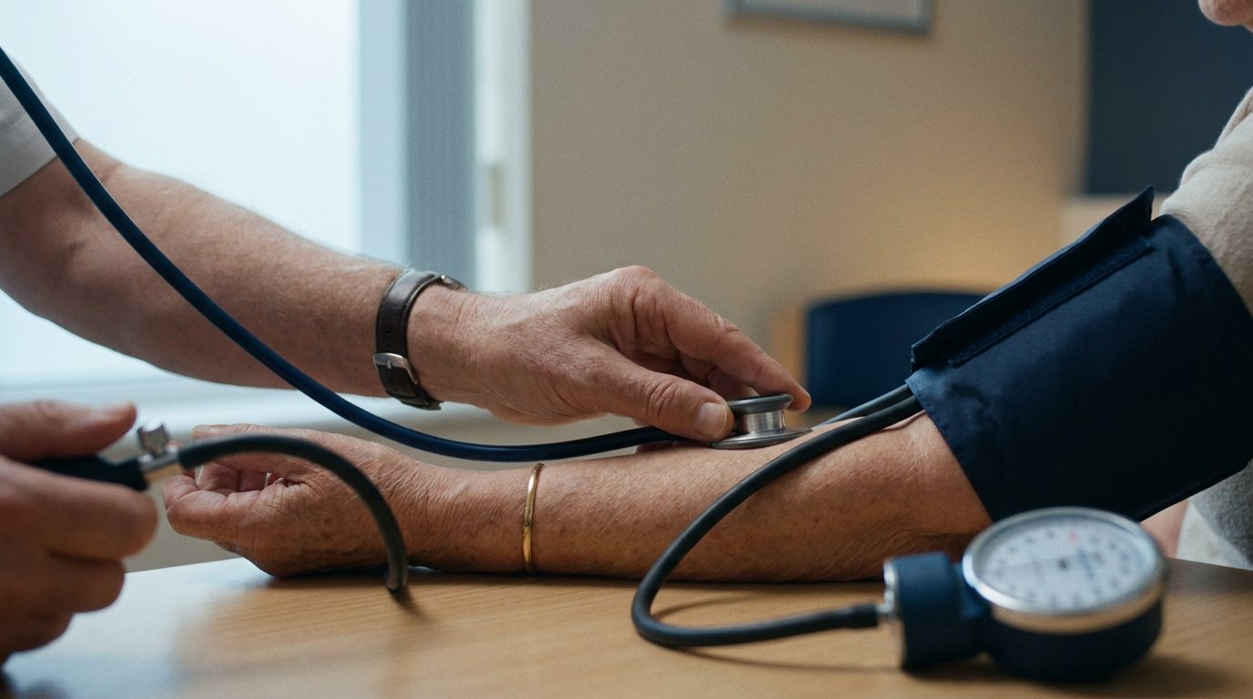 An older woman seated for a comprehensive private GP review with a family member supporting her