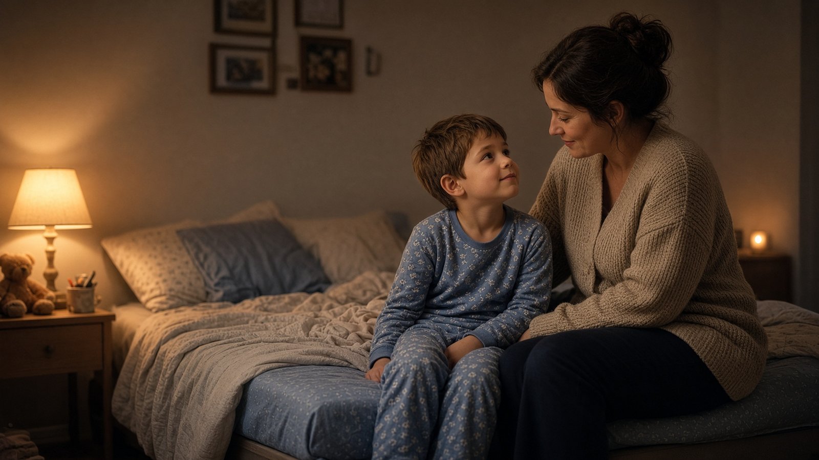 Parent sitting on a child’s bed at night, night light on.