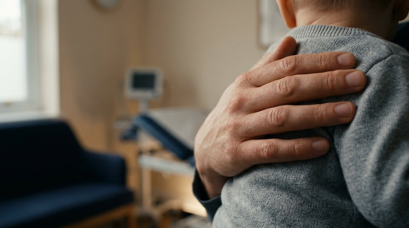A parent and child in a calm private GP consultation discussing a structured enuresis plan