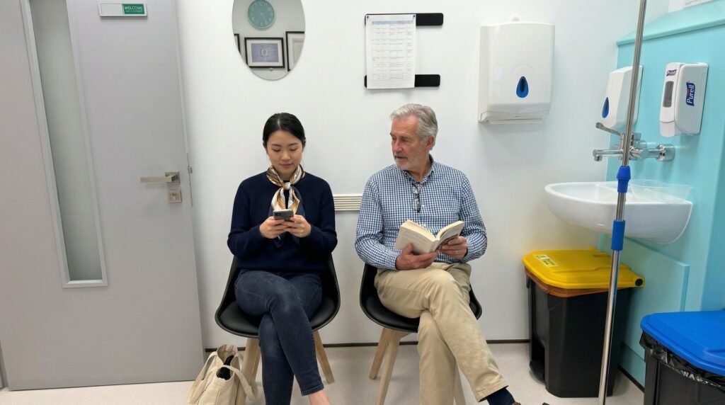 Patients waiting for a private GP consultation at Clinique Alpa for abdominal pain assessment