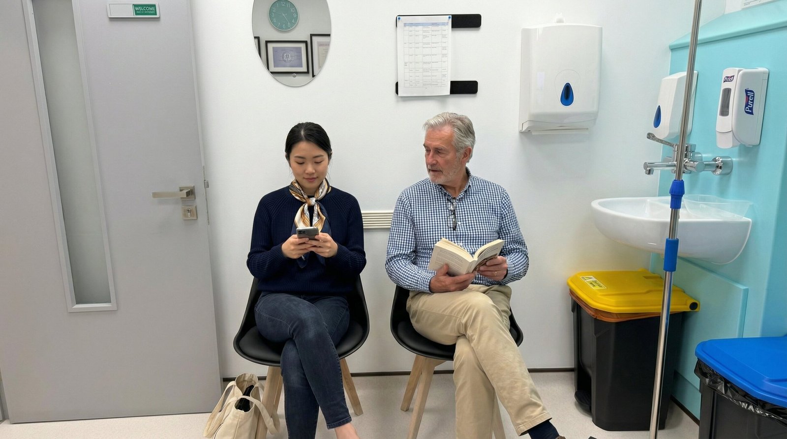 Patients waiting for a private GP consultation at Clinique Alpa for abdominal pain assessment