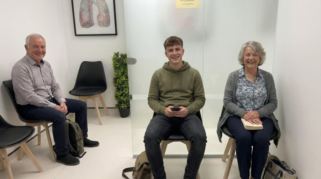 Patients in the waiting room at Clinique Alpa private GP clinic for persistent cough assessment in London