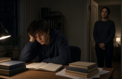 Teenager at a desk with revision books, parent in the doorway.