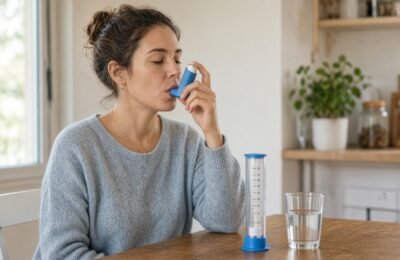 Woman using an inhaler at a kitchen table with a peak-flow meter.