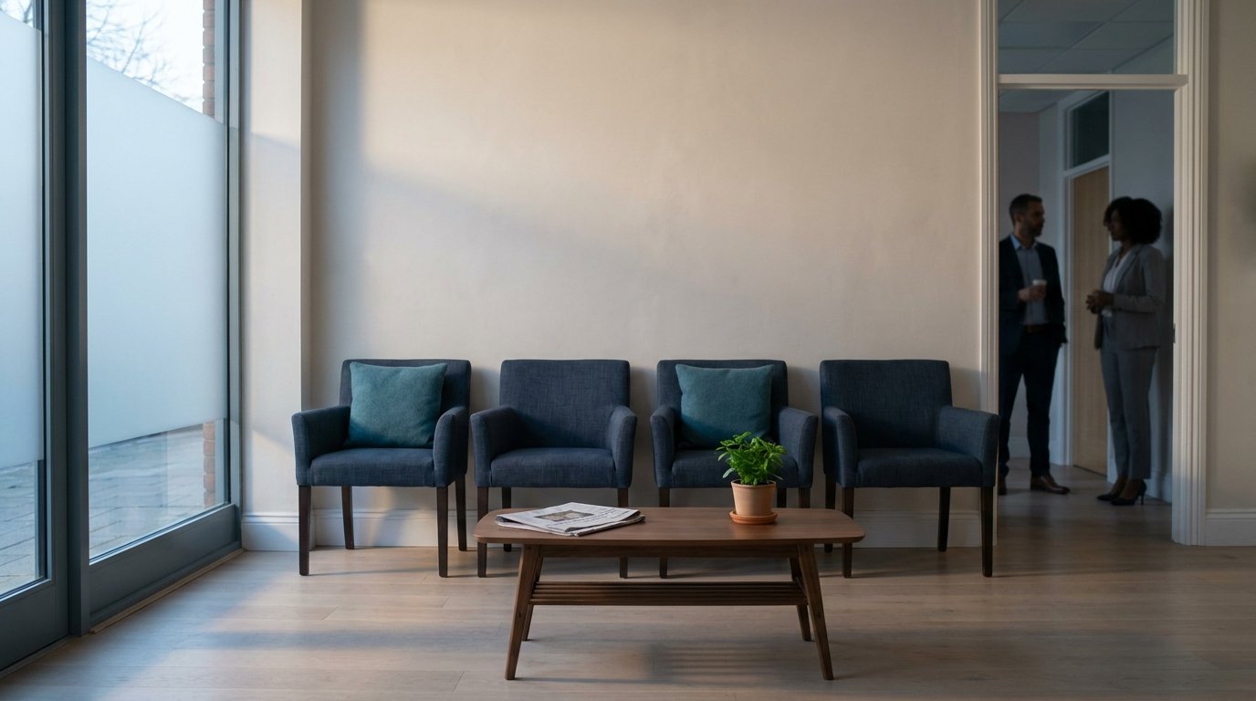 Calm exterior of a North London private GP clinic, navy and teal branding visible