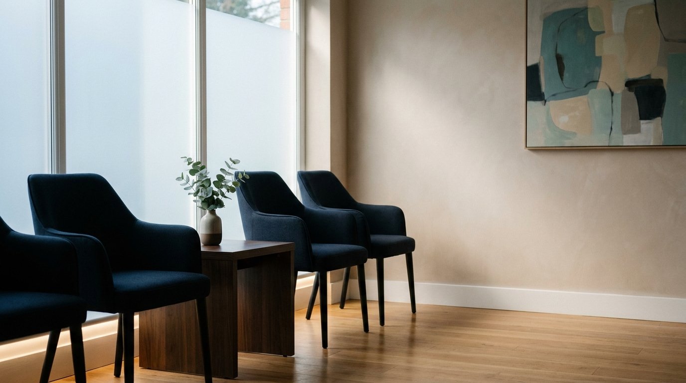 Reception at Clinique Alpa Palmers Green, navy and teal branding, calm waiting area